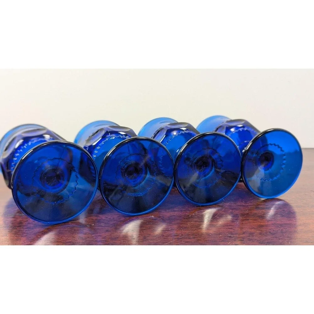 Vintage Cobalt Blue Goblets Set of 4 Paneled Stem Wine Water Glasses 4.5